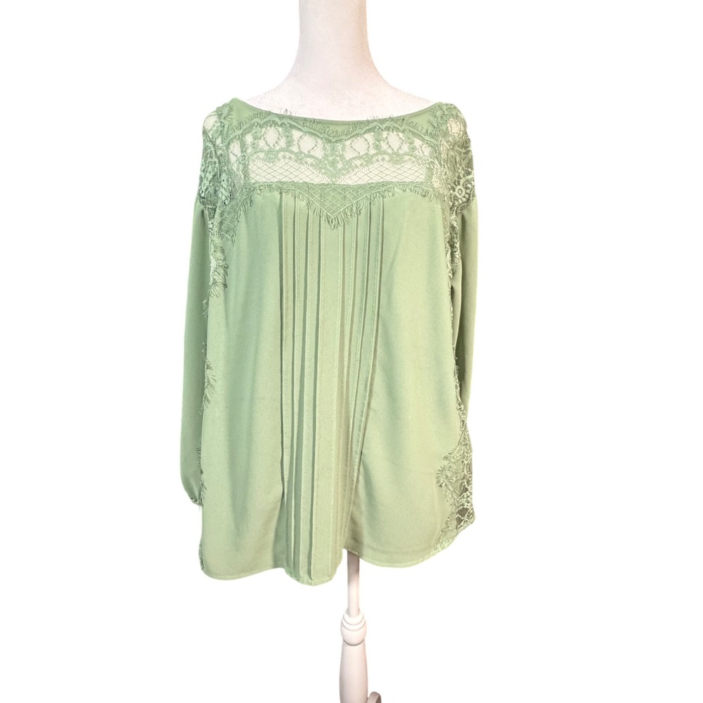 Sweet Grey L Sage Green Lace Yoke Pintuck Long Sleeve Blouse Tunic Fairy Core